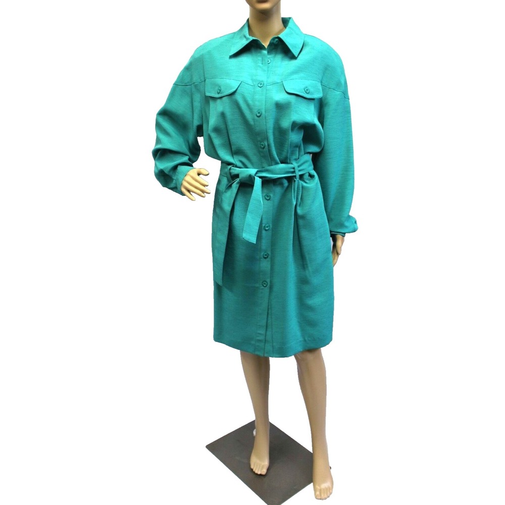 NWT QPS‎ Shirt Dress 14 Teal Green Long Sleeve Belted Button Front Vintage Style